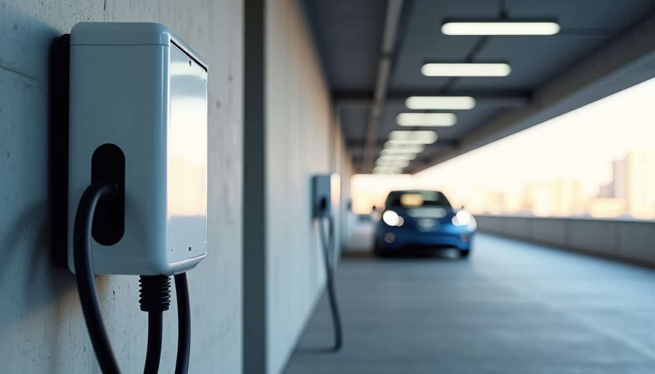 Borne de recharge électrique installée dans un parking d