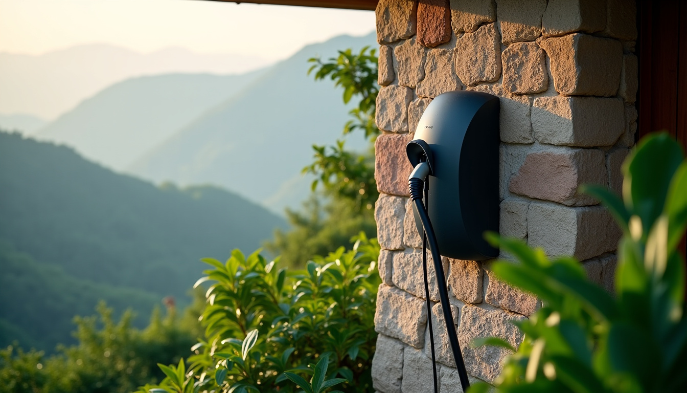 Borne de recharge électrique installée dans une propriété à Salazie, avec vue sur la vallée verdoyante