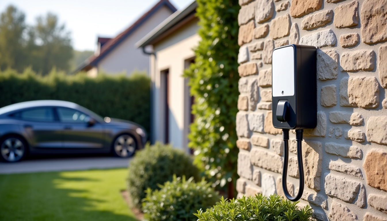 Borne de recharge électrique installée devant un pavillon à Chef-Boutonne, en extérieur près de la place de stationnement