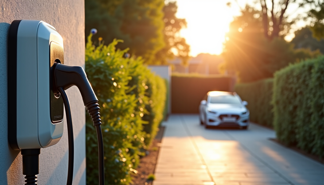 Borne de recharge électrique installée devant une maison à Cercié par une journée ensoleillée