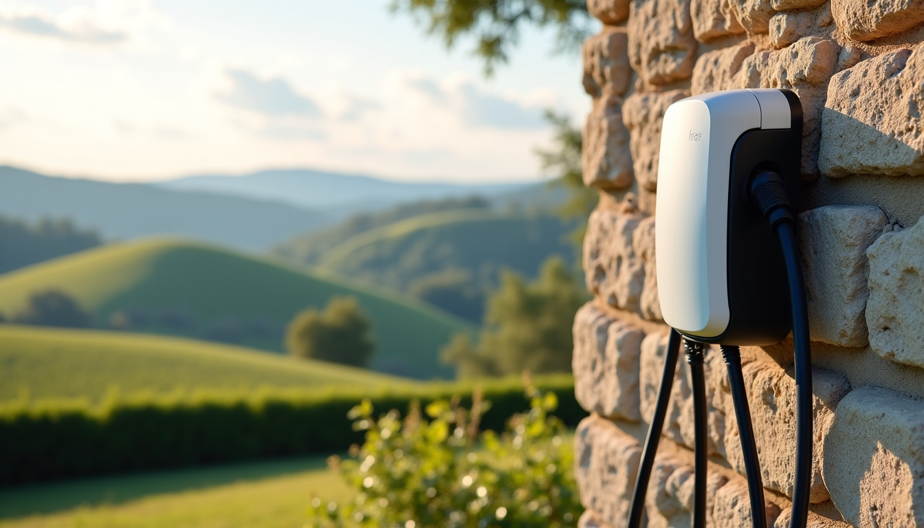 Borne de recharge électrique installée devant une maison à Charpey, en milieu rural avec vue sur les collines de la Drôme