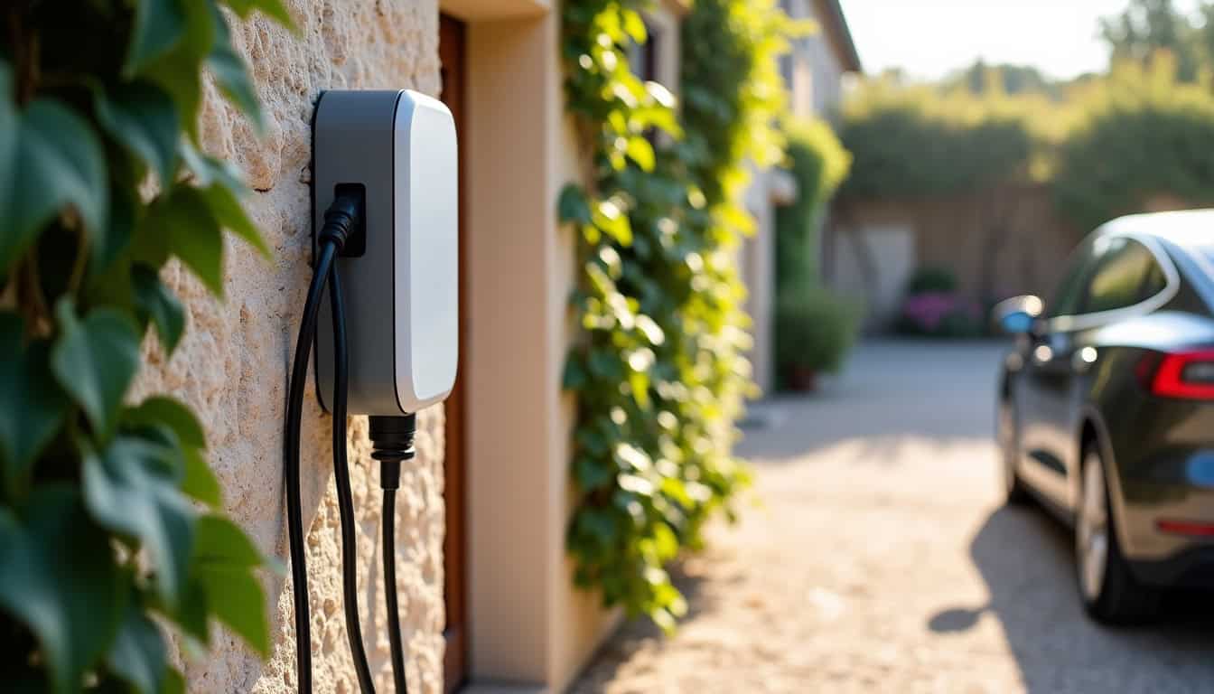 Borne de recharge électrique installée en extérieur sur un mur de maison à Saint-Paulet-de-Caisson