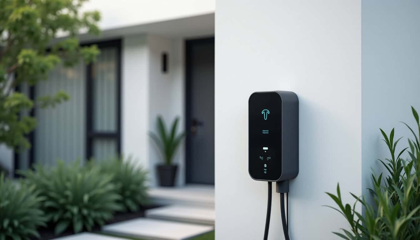 Borne de recharge électrique installée sur le mur extérieur d