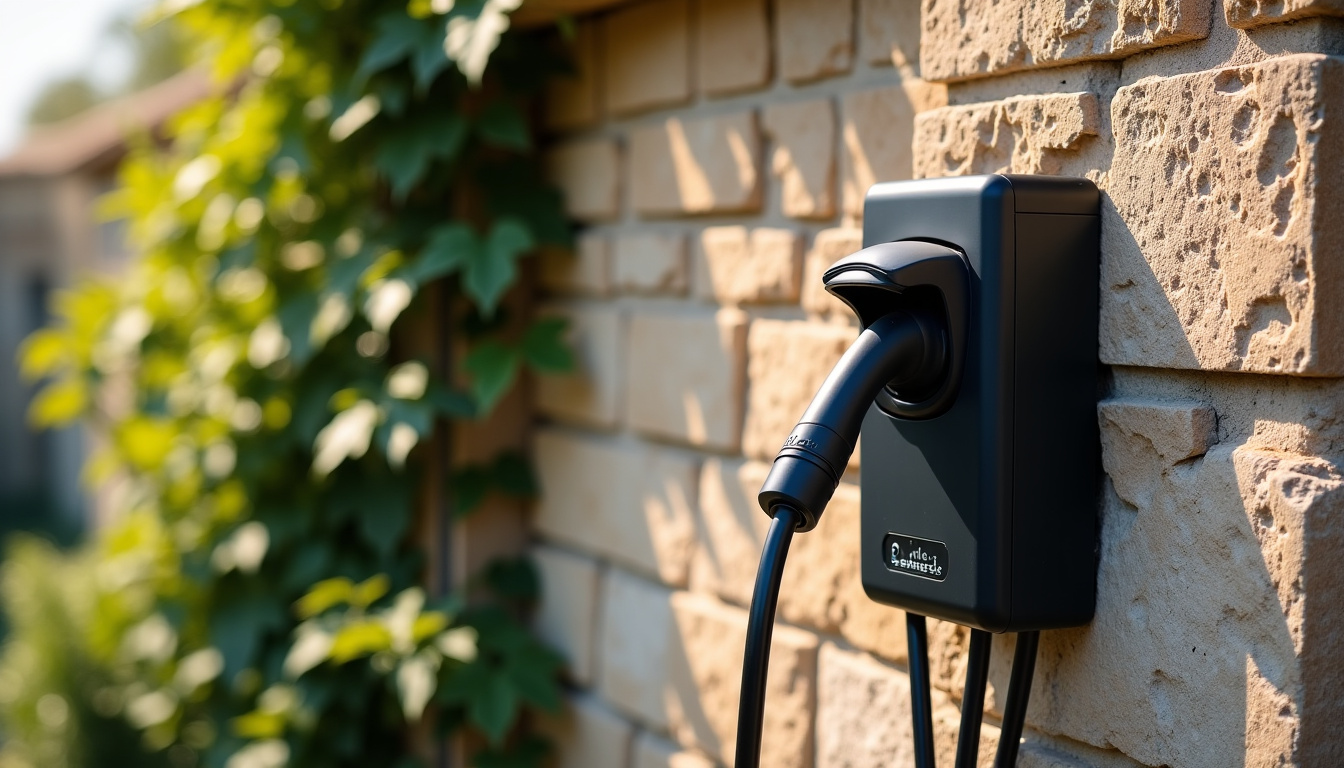 Borne de recharge électrique installée sur un mur extérieur à Le Perrey