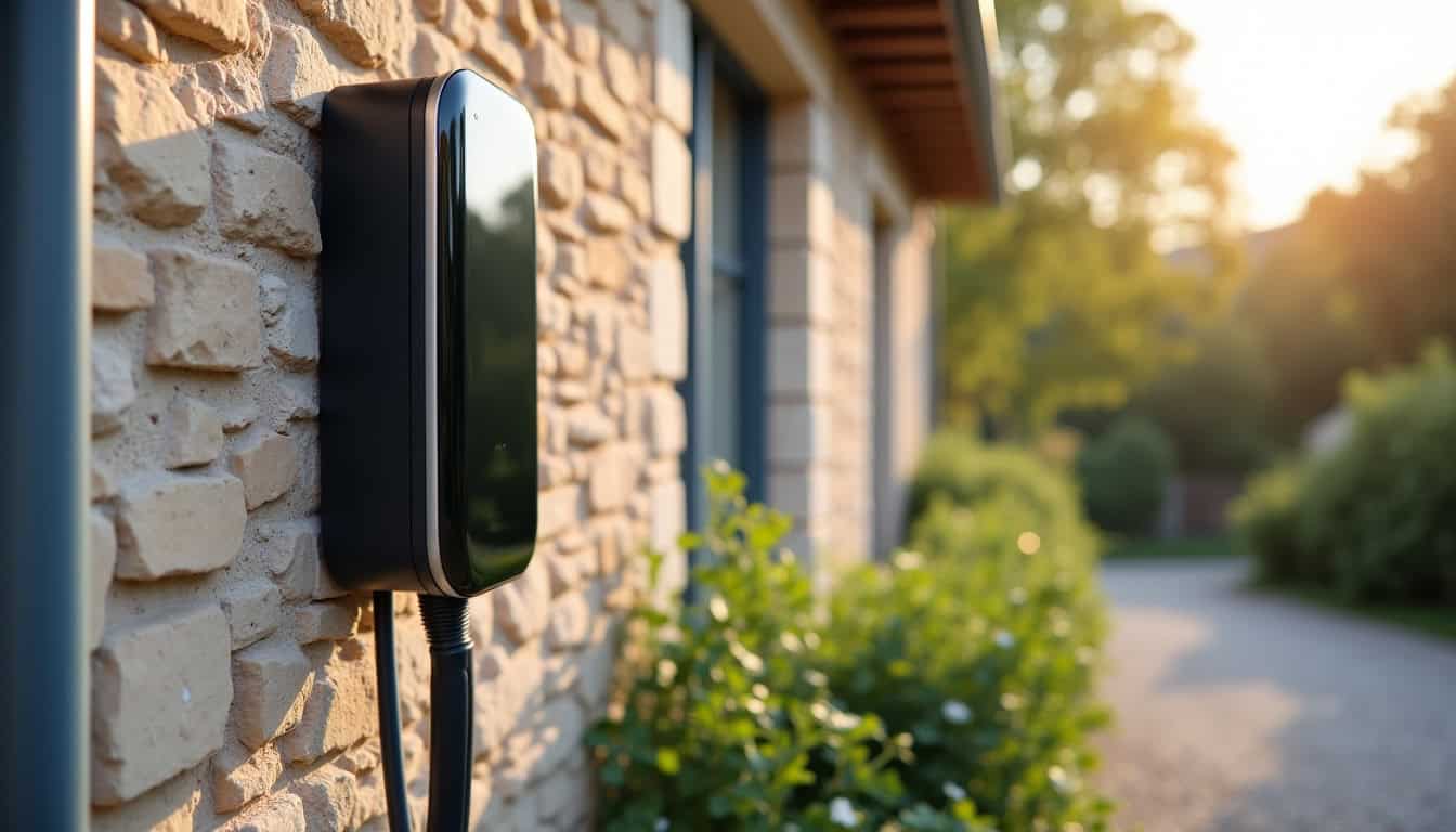 Borne de recharge électrique installée sur une façade extérieure à Montlaur