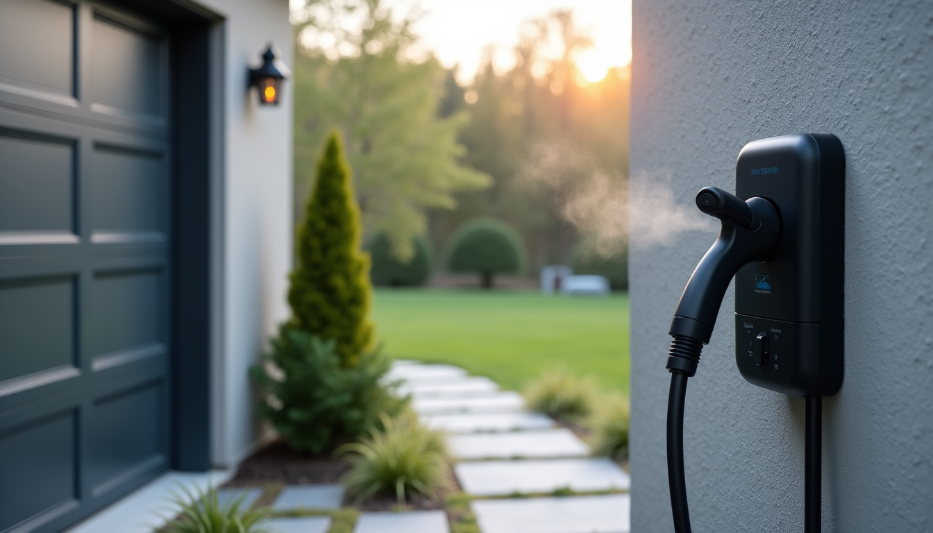 Borne de recharge électrique installée sur une propriété individuelle à Semblançay, en extérieur près du garage