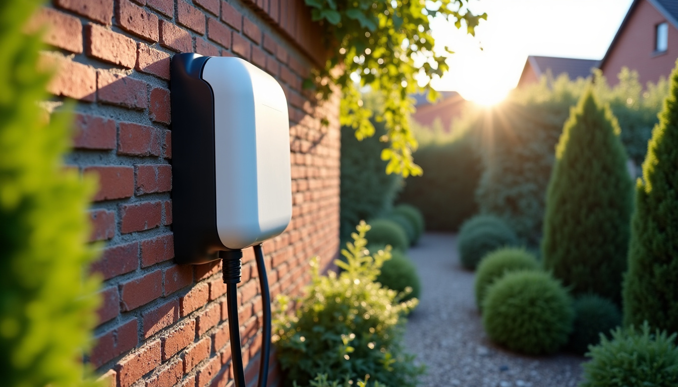 Borne de recharge électrique murale installée dans un jardin à Beuvry, vue d