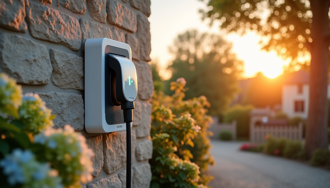 Borne de recharge électrique murale installée sur façade à Véron