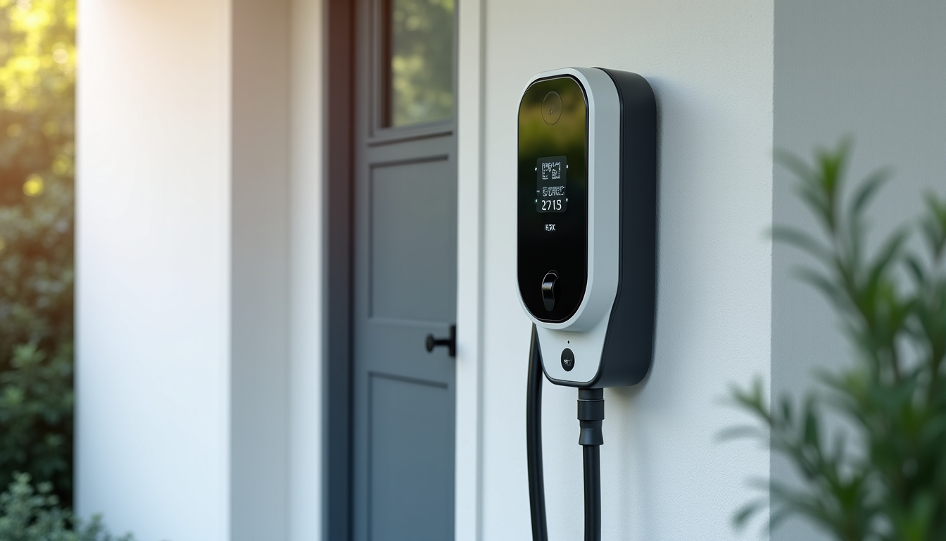 Borne de recharge électrique murale installée sur un mur extérieur, modèle moderne avec affichage digital