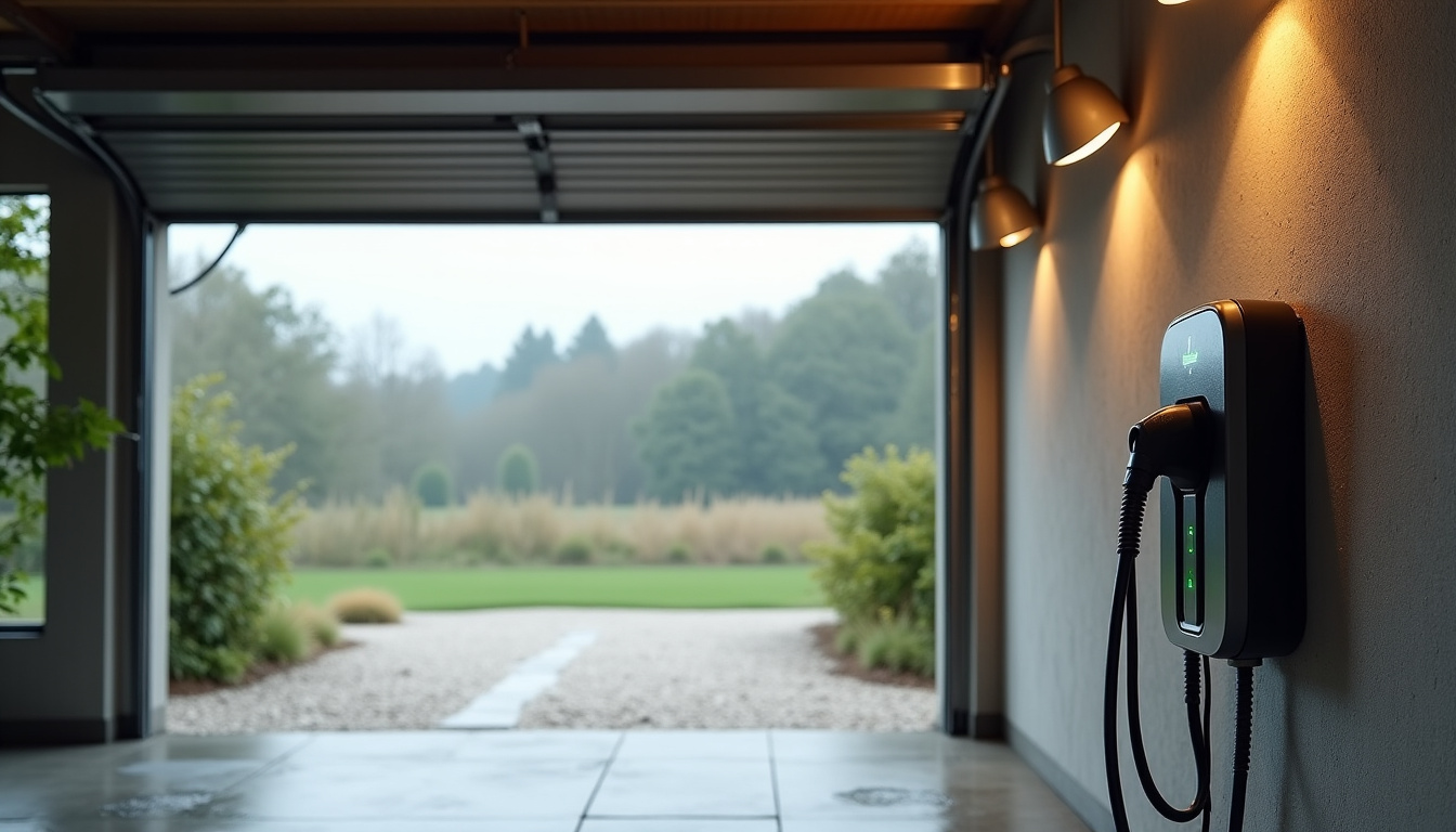 Borne de recharge installée dans un garage extérieur à Basse-Ham, protégée contre les intempéries
