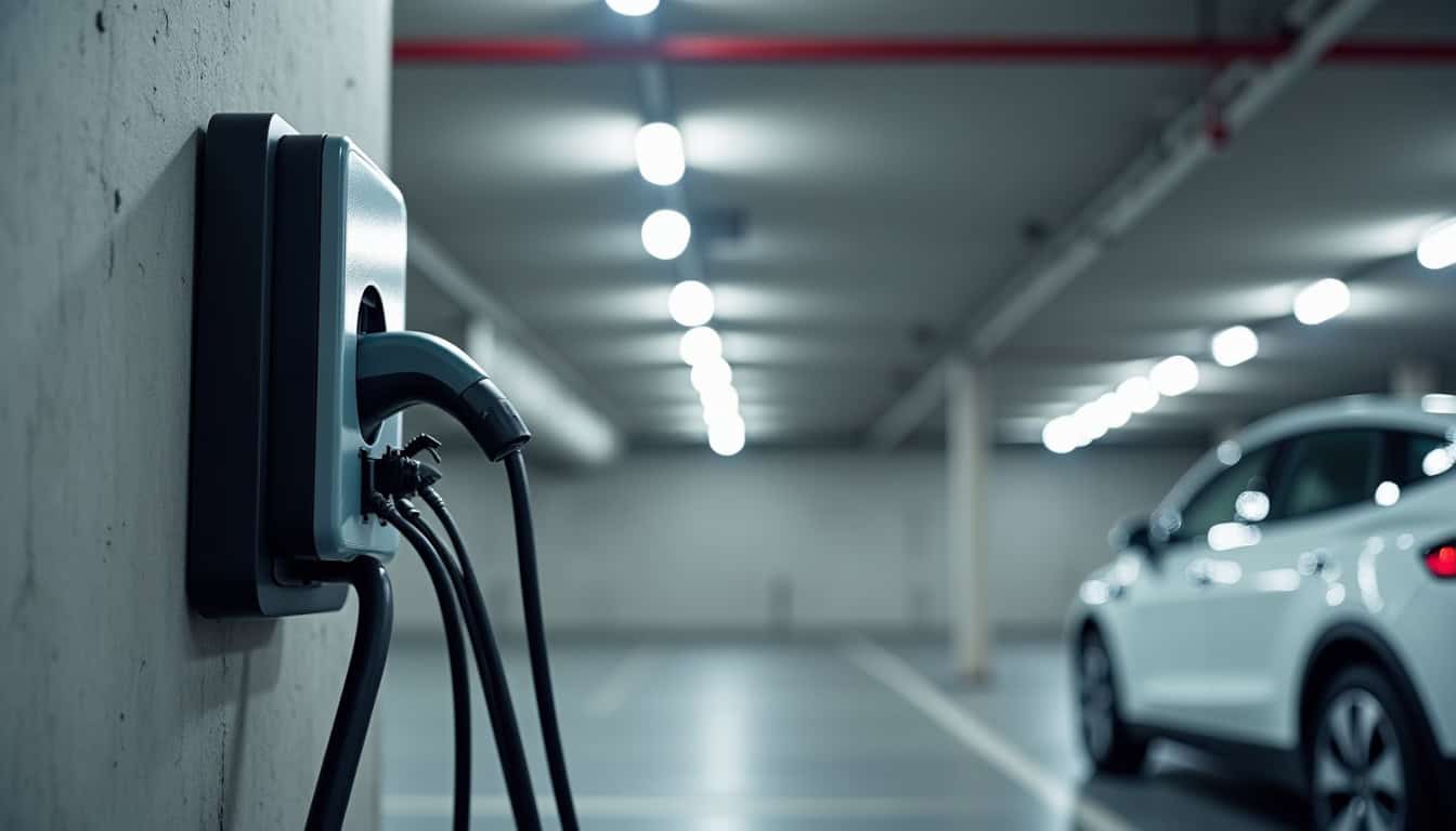 Borne de recharge installée dans un parking de copropriété à Cognac, avec câble d