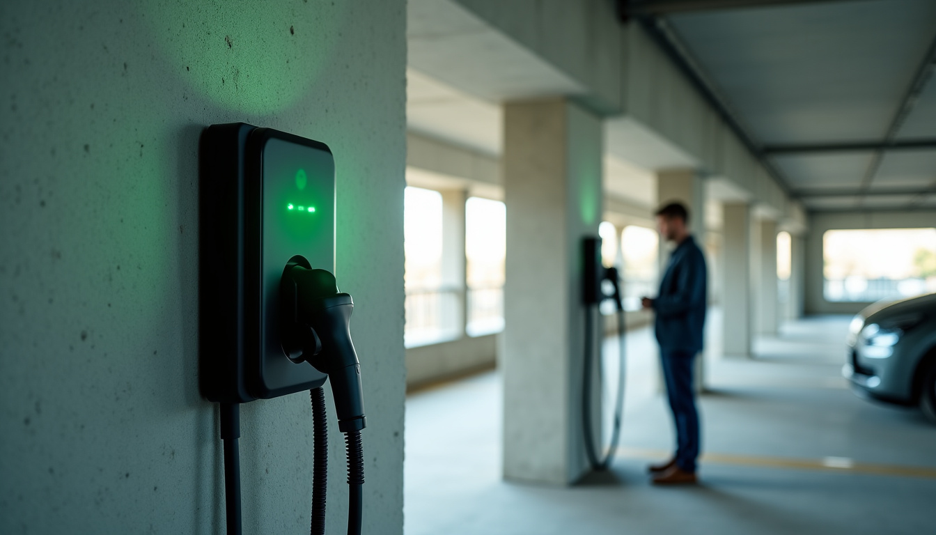 Borne de recharge installée dans un parking de copropriété à Savigny-en-Véron