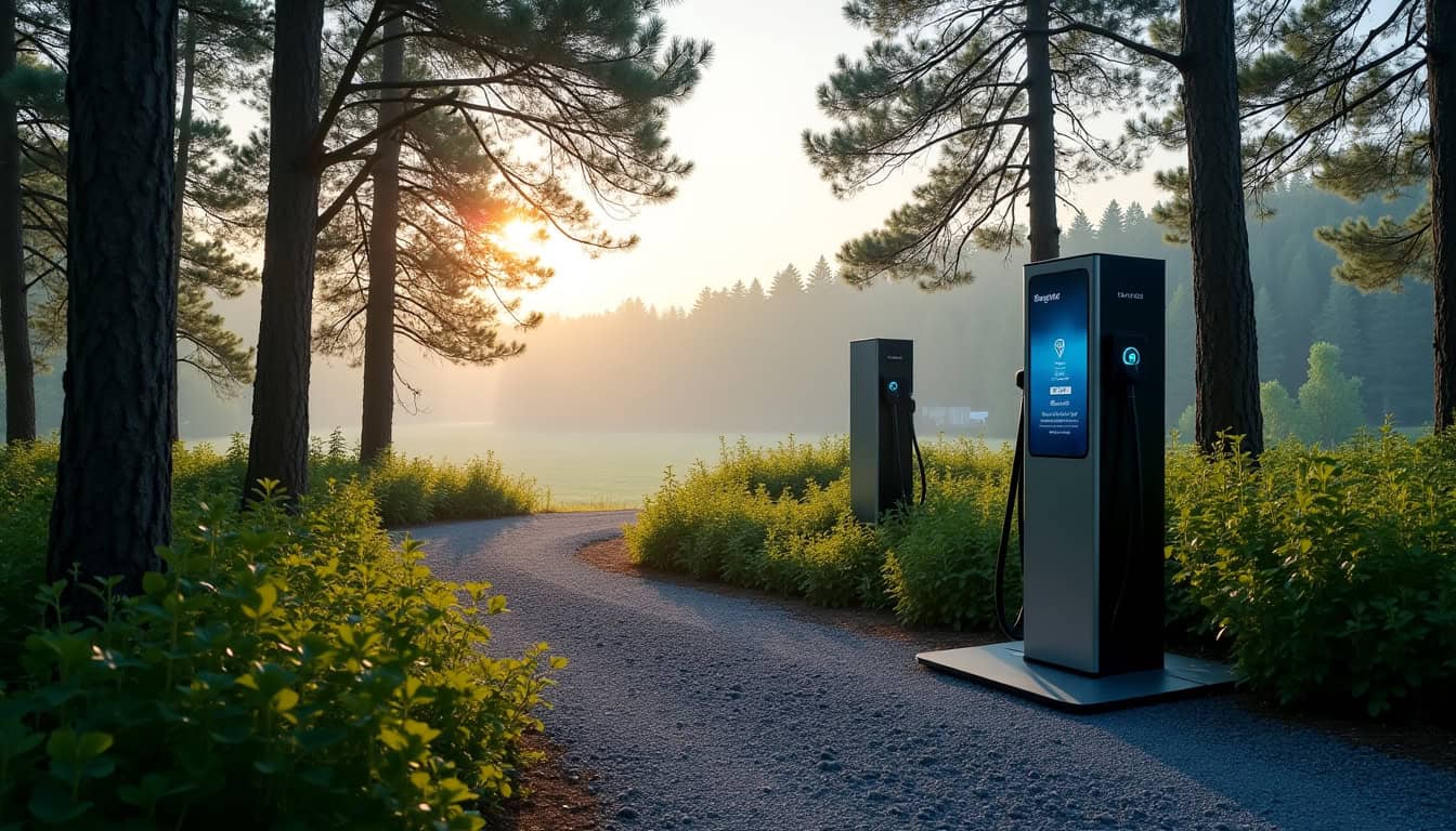 Borne de recharge publique eborn située sur le Plateau-des-Petites-Roches, en milieu rural, entourée de végétation et accessible 24h/24