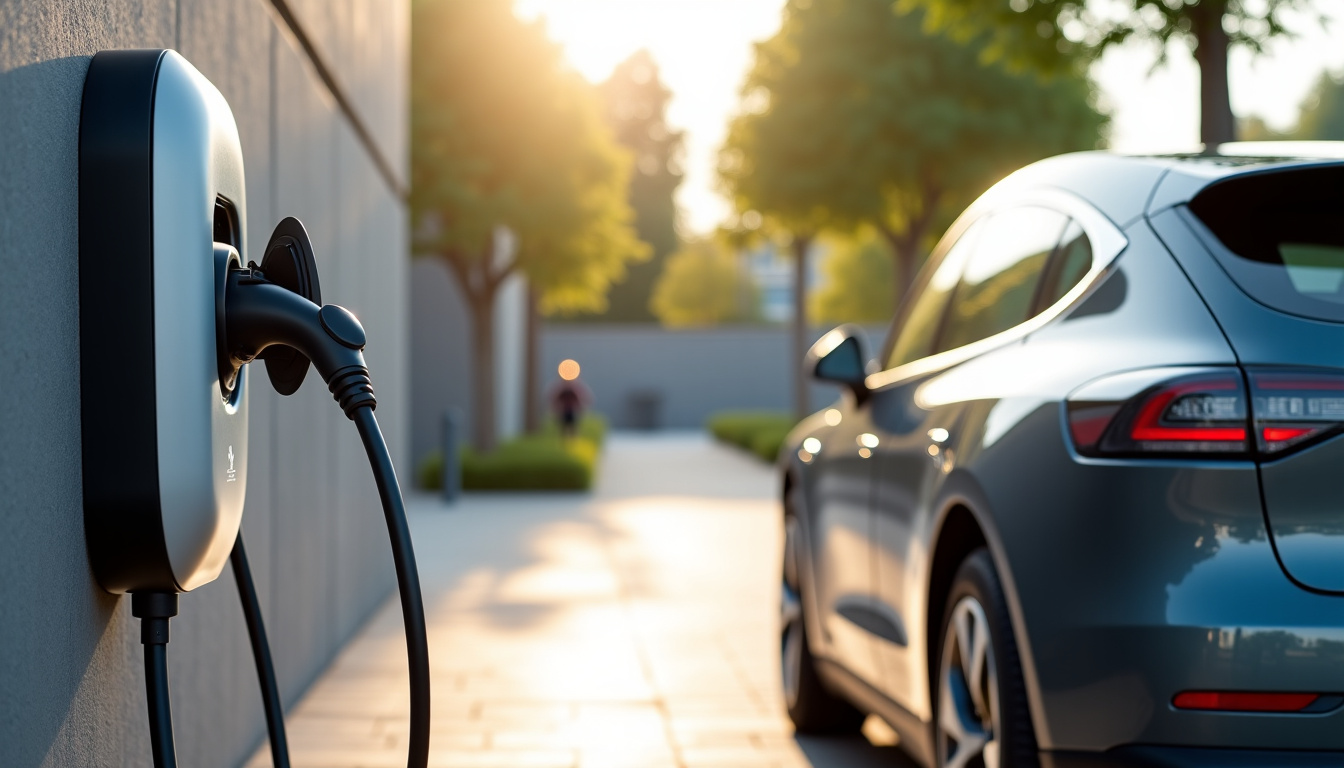 Borne de recharge publique installée à Lussas, en centre-ville, vue de jour avec véhicule en cours de recharge