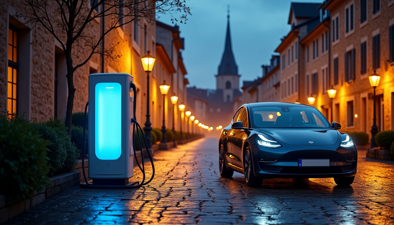 Borne de recharge publique installée sur la place de la République à Gramat, avec un véhicule en cours de charge