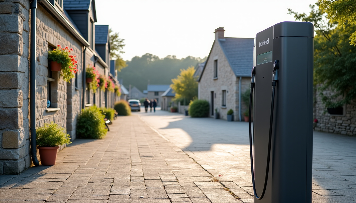 Borne de recharge publique située sur la place du bourg à Plouégat-Guérand