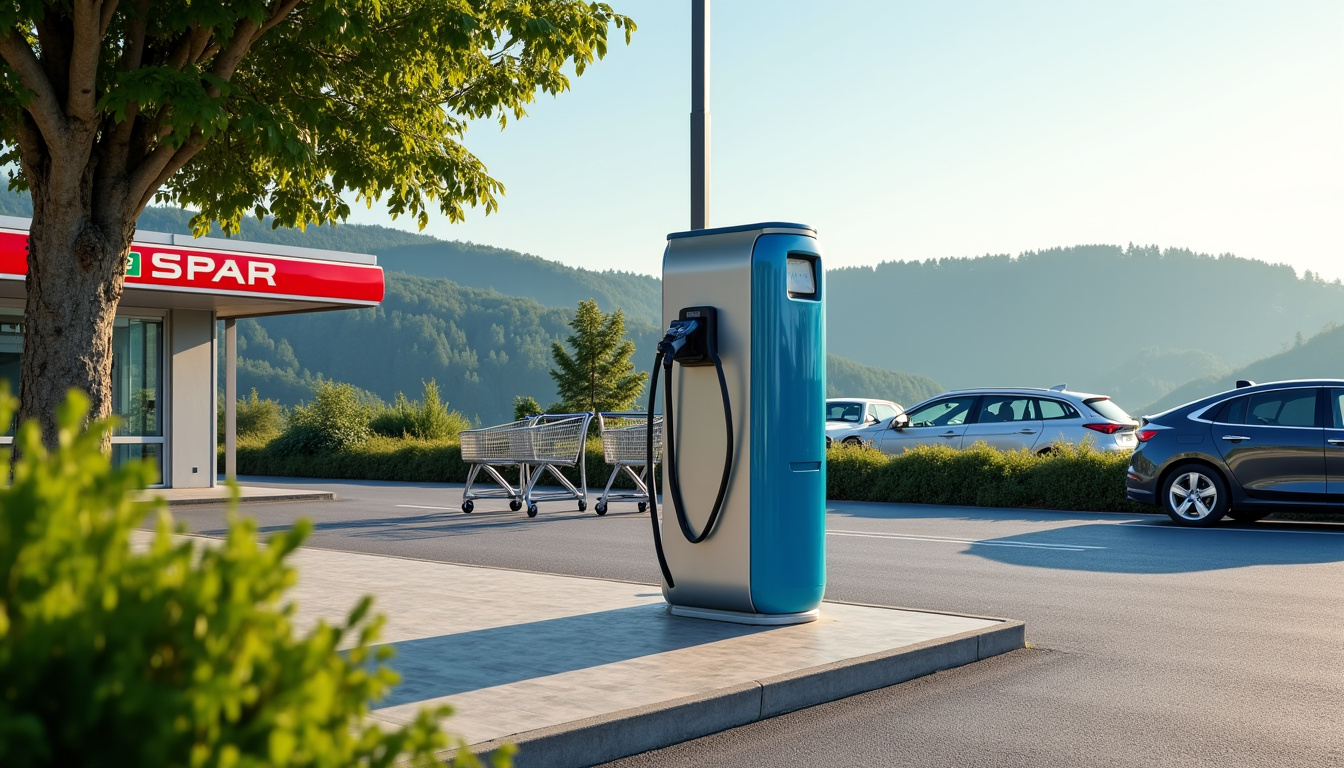 Borne de recharge Révéo située sur le parking Spar à Le Bousquet-d