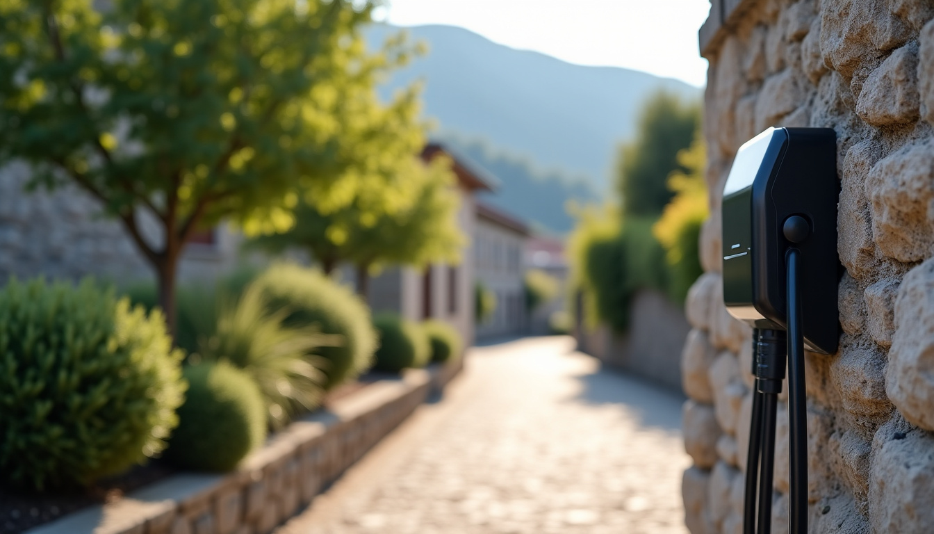 Borne électrique installée en extérieur à Miribel-les-Échelles avec câble de recharge en cours d