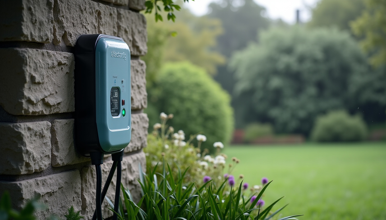 Borne électrique installée en extérieur dans un jardin à Drocourt, protégée contre les intempéries
