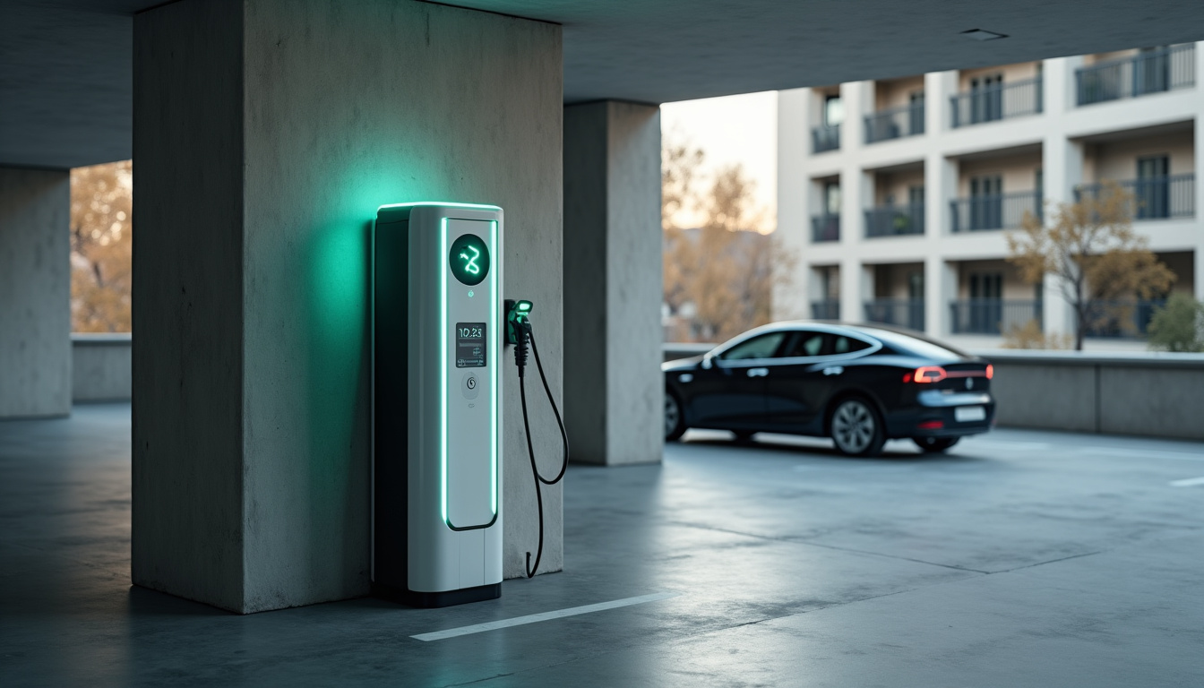 Colonne de recharge électrique installée dans un parking de copropriété à Le Manoir