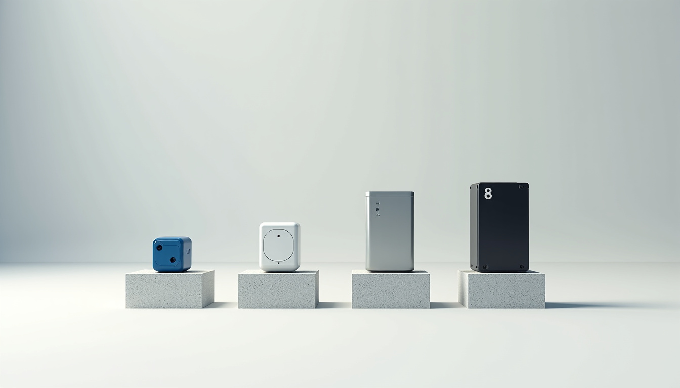 Comparaison visuelle des différents types de bornes électriques: prise renforcée, Wallbox 7,4 kW, 11 kW et 22 kW