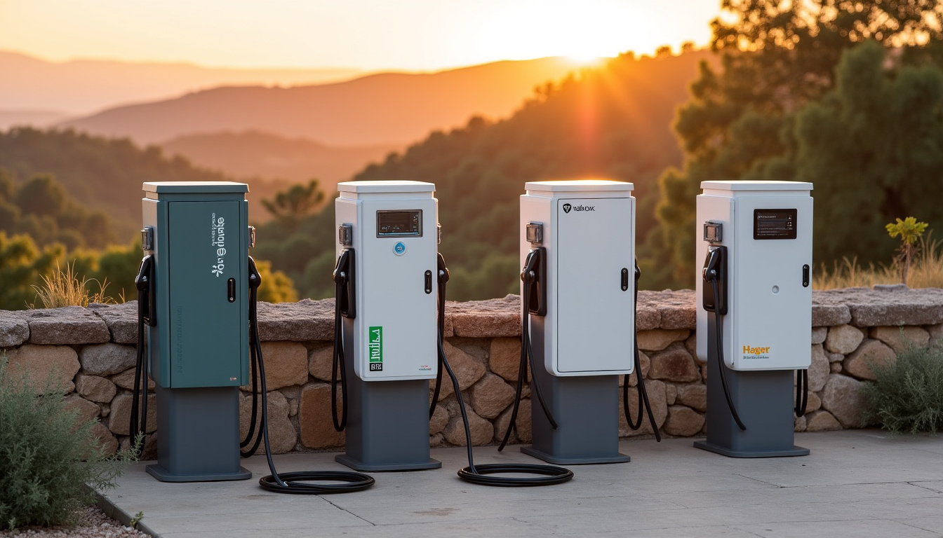 Comparaison visuelle des principales marques de bornes de recharge installées en Aveyron: Wallbox, Legrand, Schneider Electric et Hager