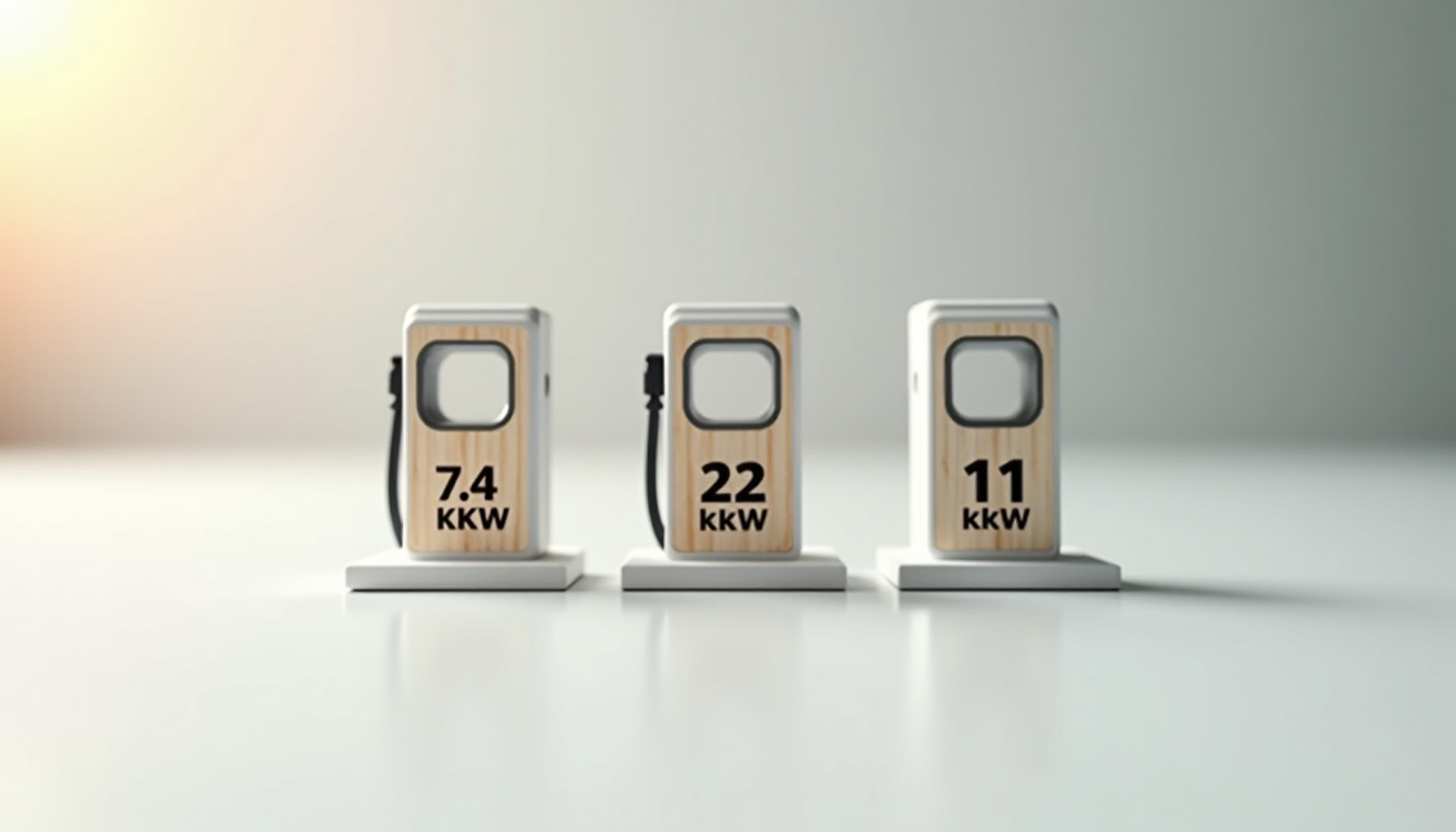 Comparaison visuelle des puissances de bornes électriques: 7,4 kW, 11 kW et 22 kW