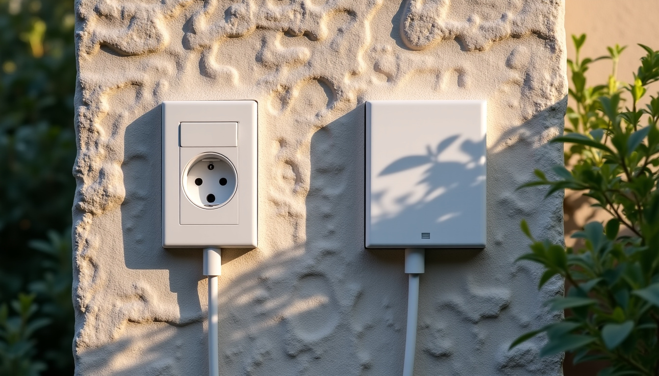 Comparaison visuelle entre une prise renforcée et une wallbox installée sur un mur extérieur à Bidos