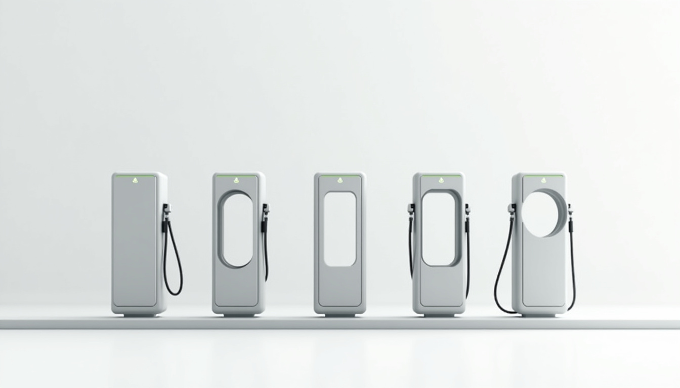 Différents modèles de bornes de recharge électrique exposés côte à côte