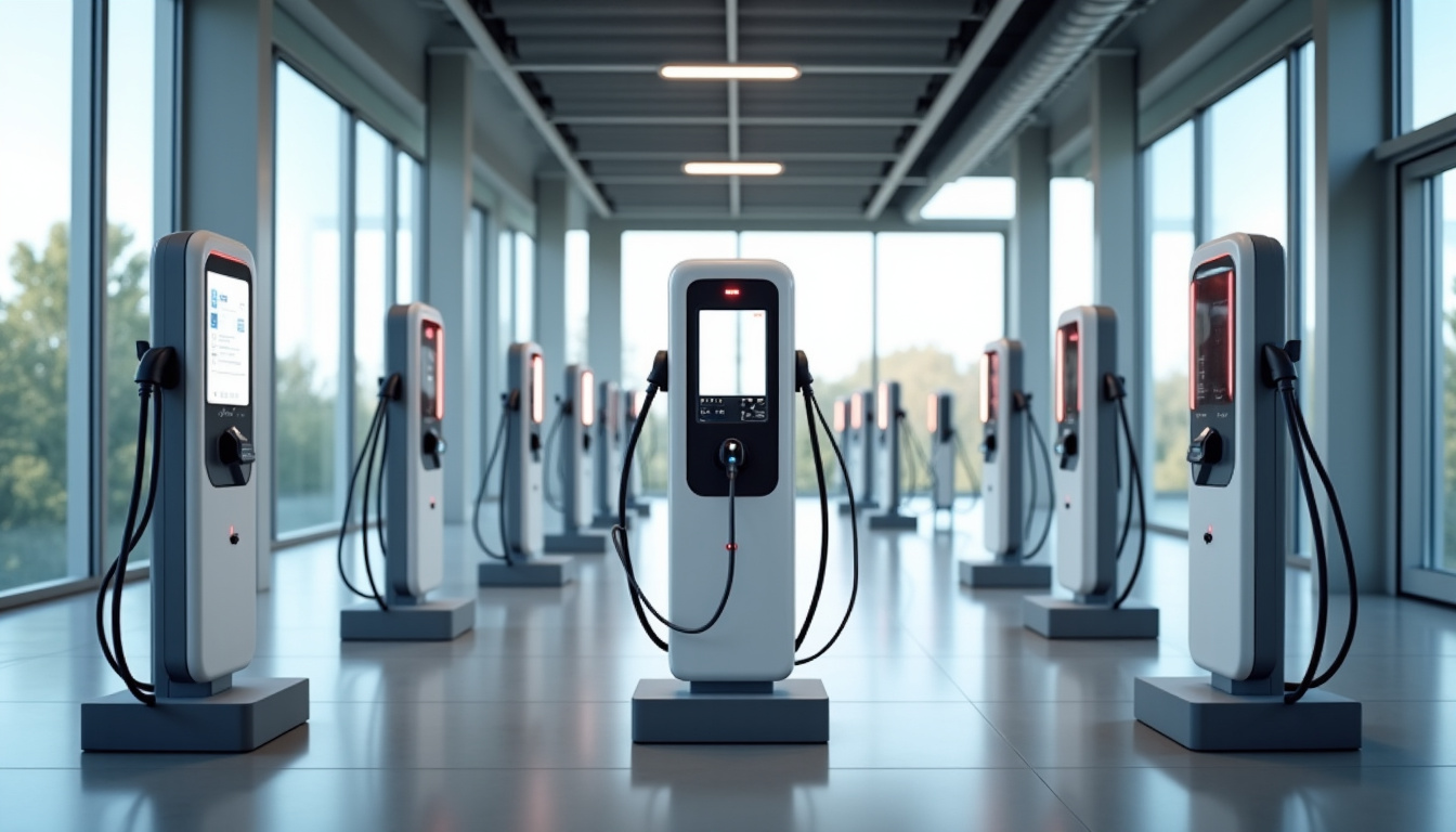 Différents modèles de bornes de recharge électrique exposés dans un showroom technique à Caulnes