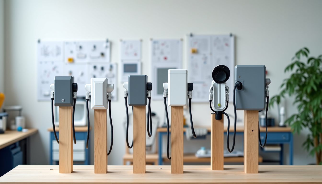 Différents modèles de bornes de recharge électrique exposés en atelier