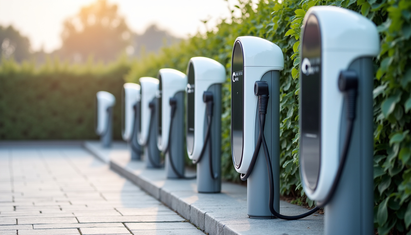 Différents modèles de bornes de recharge électrique exposés en extérieur à Mormant