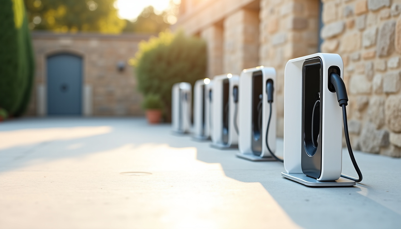 Différents modèles de bornes de recharge électrique exposés pour installation à Lambesc