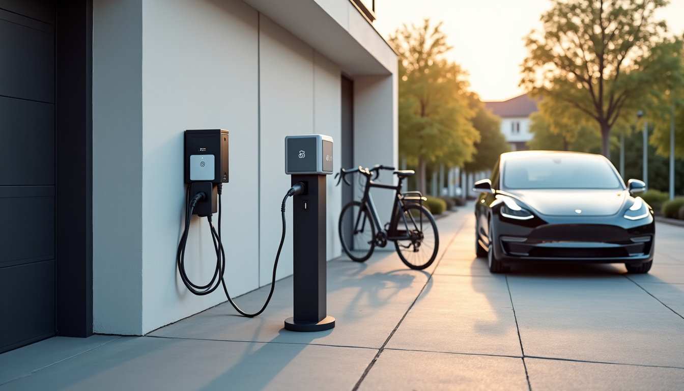 Différents modèles de bornes de recharge électrique installées à Angervilliers, montrant des wallbox domestiques et des bornes professionnelles