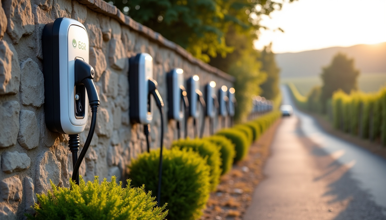 Différents modèles de bornes de recharge électrique installées dans un environnement rural, type Romenay