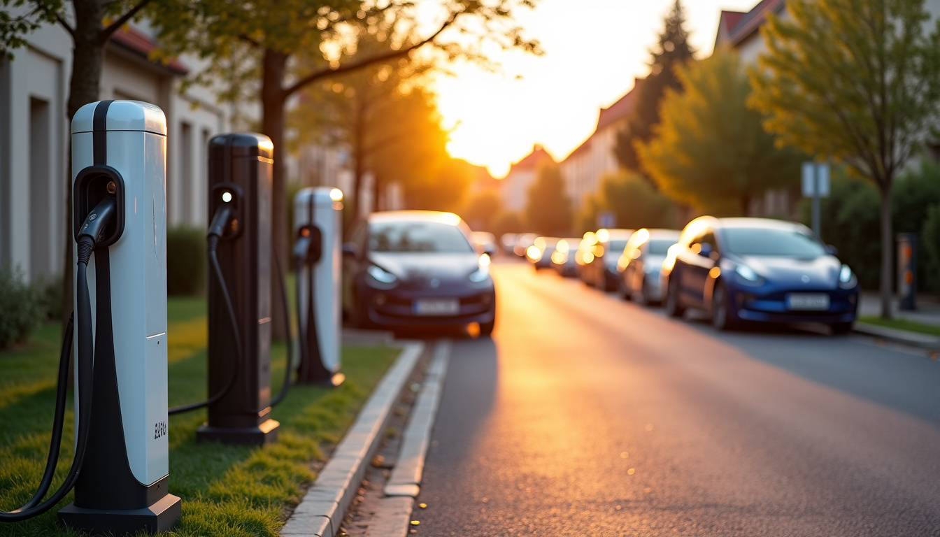Différents modèles de bornes de recharge électrique installées dans une rue résidentielle de Crespières