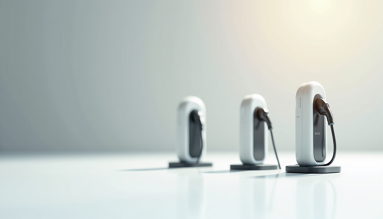 Différents modèles de bornes de recharge électrique pour véhicules, montrant les variations de puissance et de connectivité