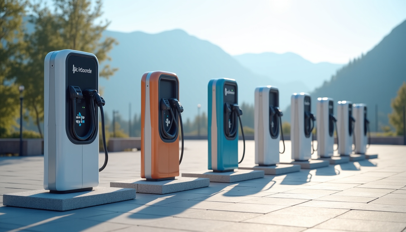 Différents modèles de bornes électriques exposés pour comparaison à Seyssel