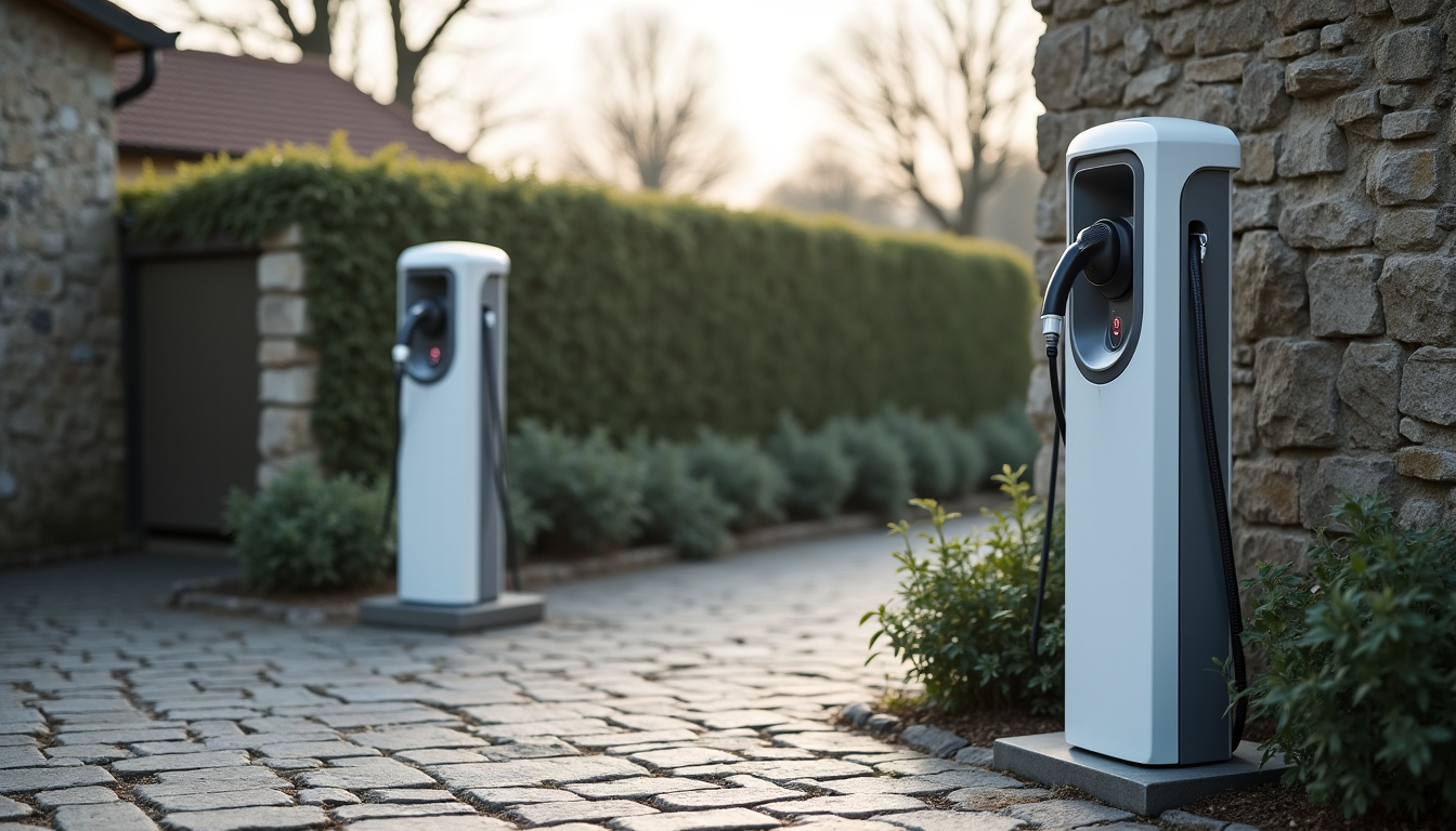 Différents modèles de bornes électriques installées en extérieur à Plouguernével