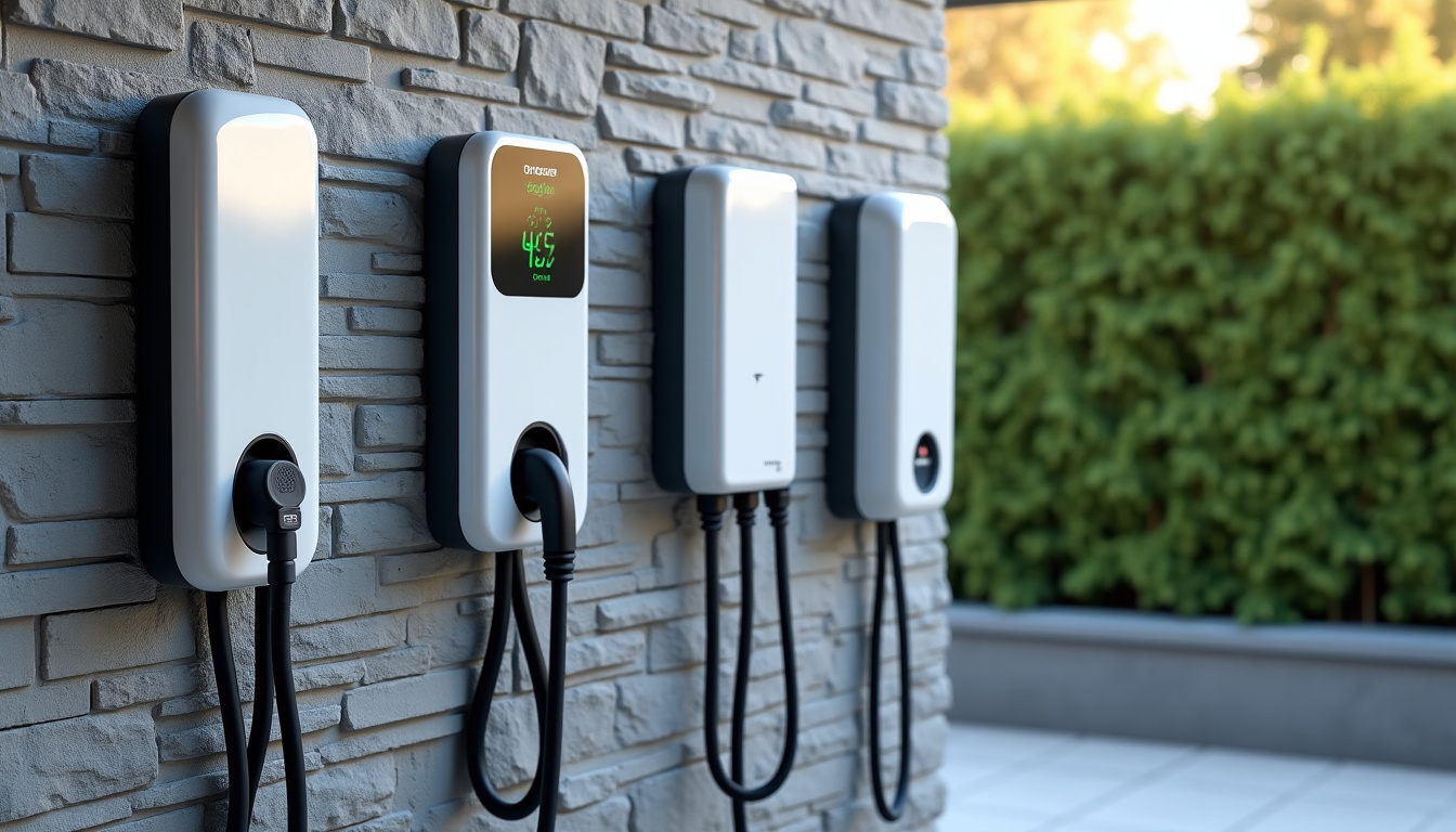 Différents types de bornes de recharge murales installées sur un mur extérieur