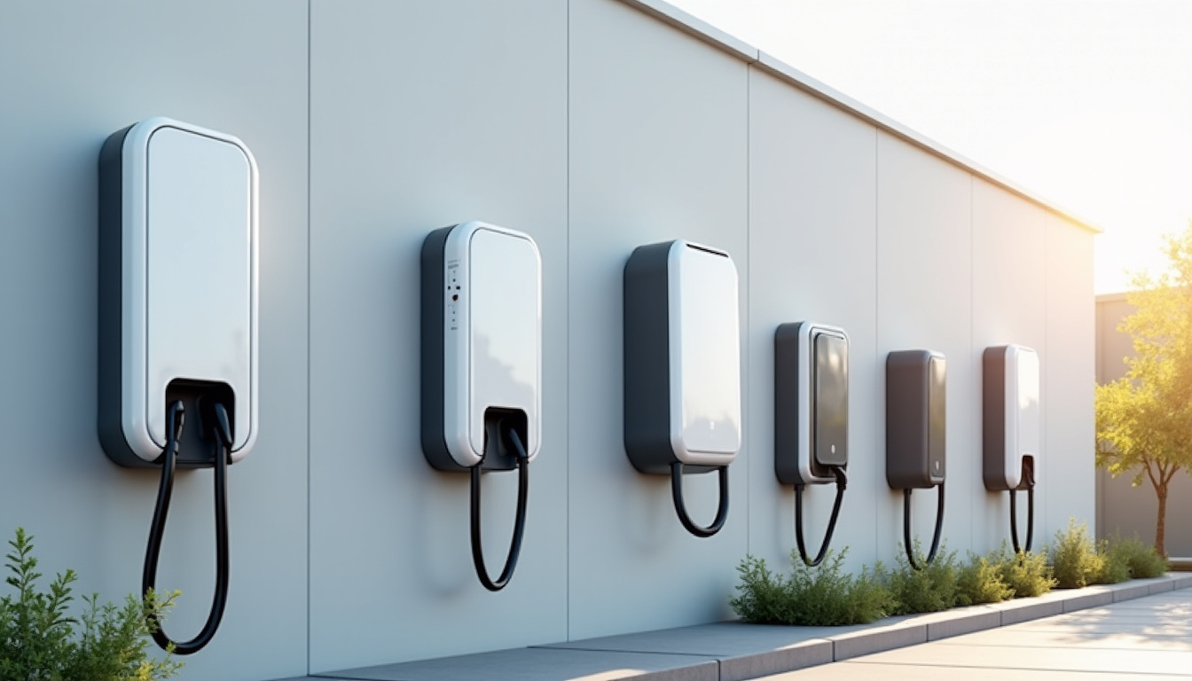 Disposition de plusieurs modèles de bornes électriques alignés sur un mur extérieur, montrant leurs designs et tailles différentes