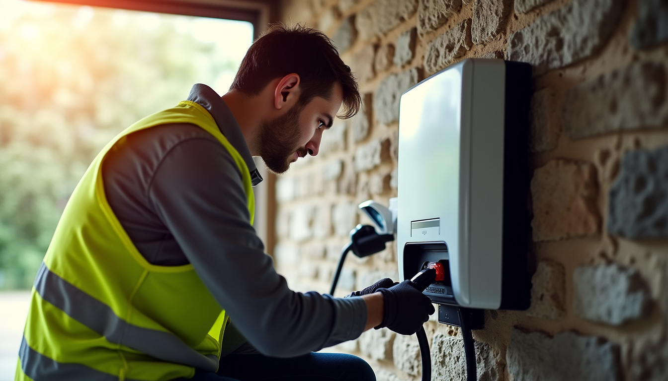 Électricien certifié IRVE en train d’installer une borne de recharge électrique dans une maison à Sainte-Cécile-les-Vignes