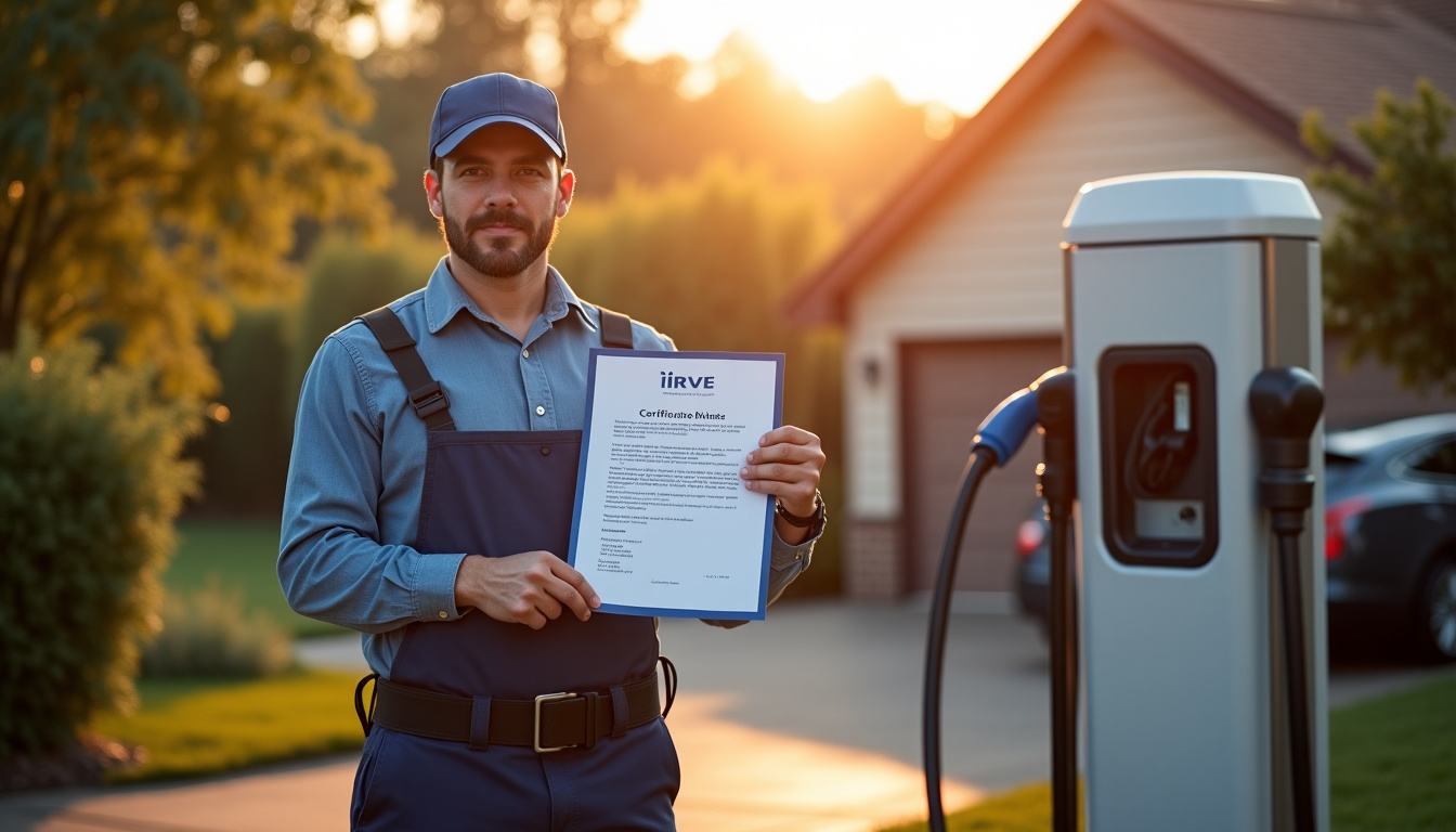 Électricien en tenue de travail présentant sa certification IRVE lors d