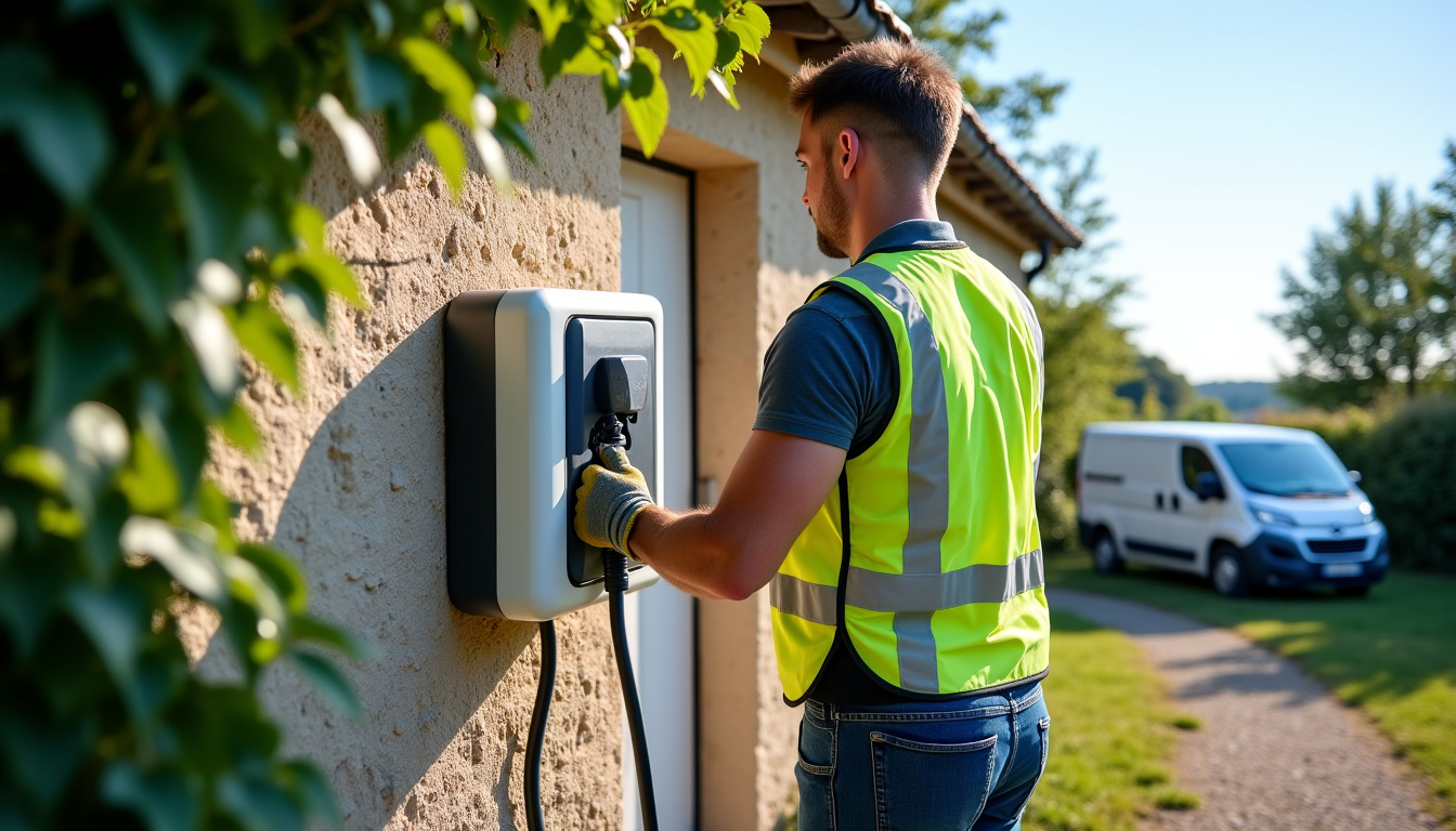 Électricien en train de fixer une borne de recharge sur un mur extérieur à Gonneville-Le Theil