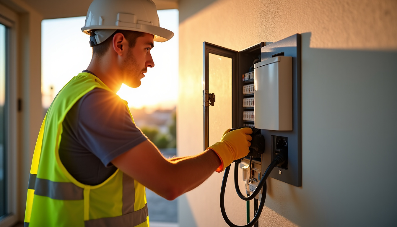 Électricien en train de raccorder une borne de recharge électrique à un tableau électrique dans une maison à Bidos