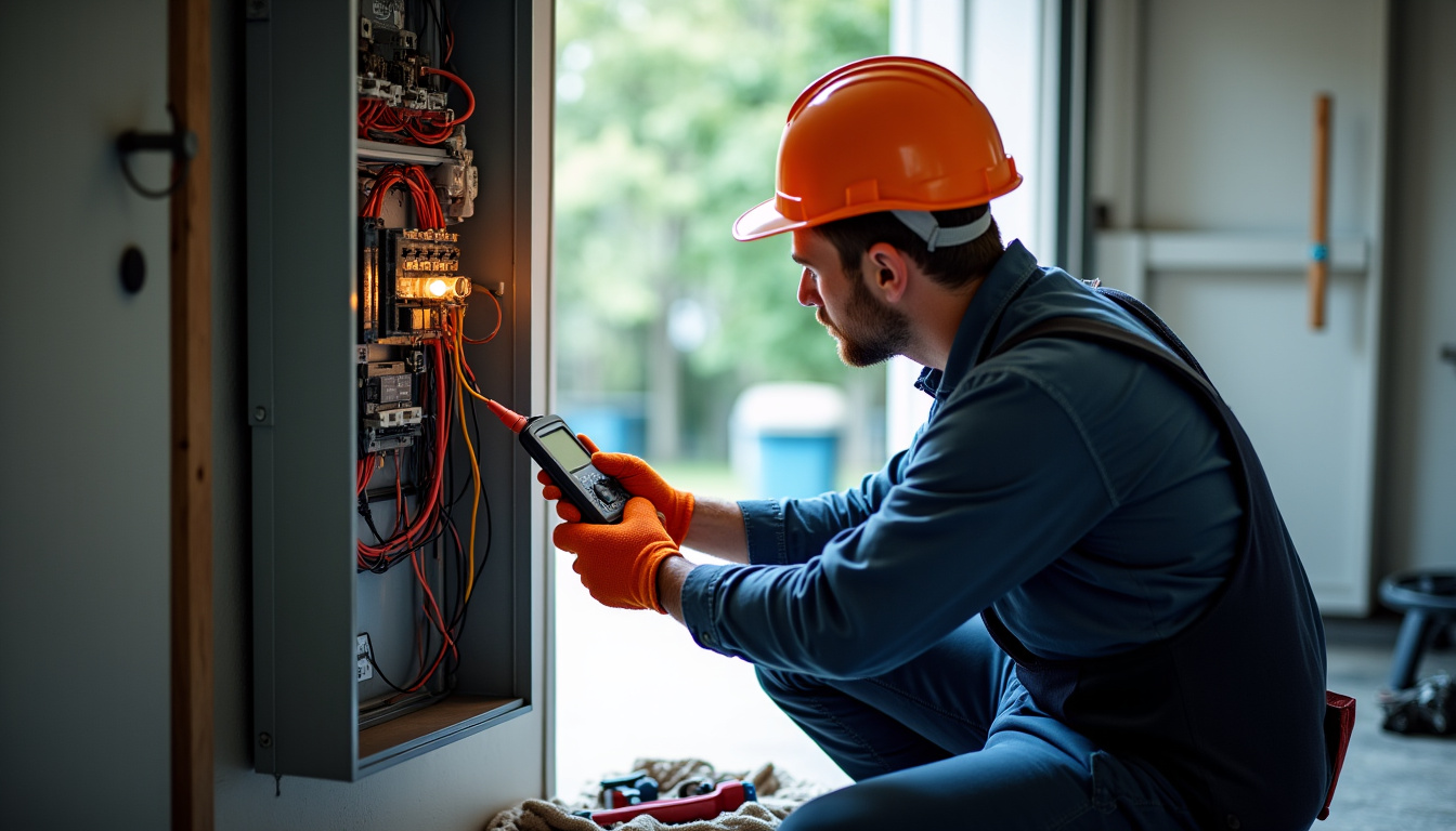 Électricien en train de réaliser un diagnostic électrique avant installation d