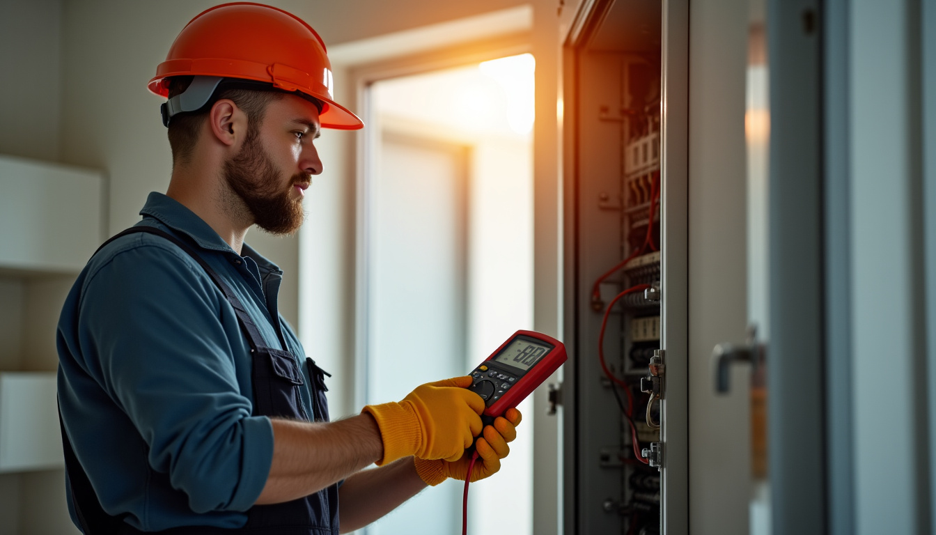 Électricien en train de réaliser un diagnostic électrique pour installation d