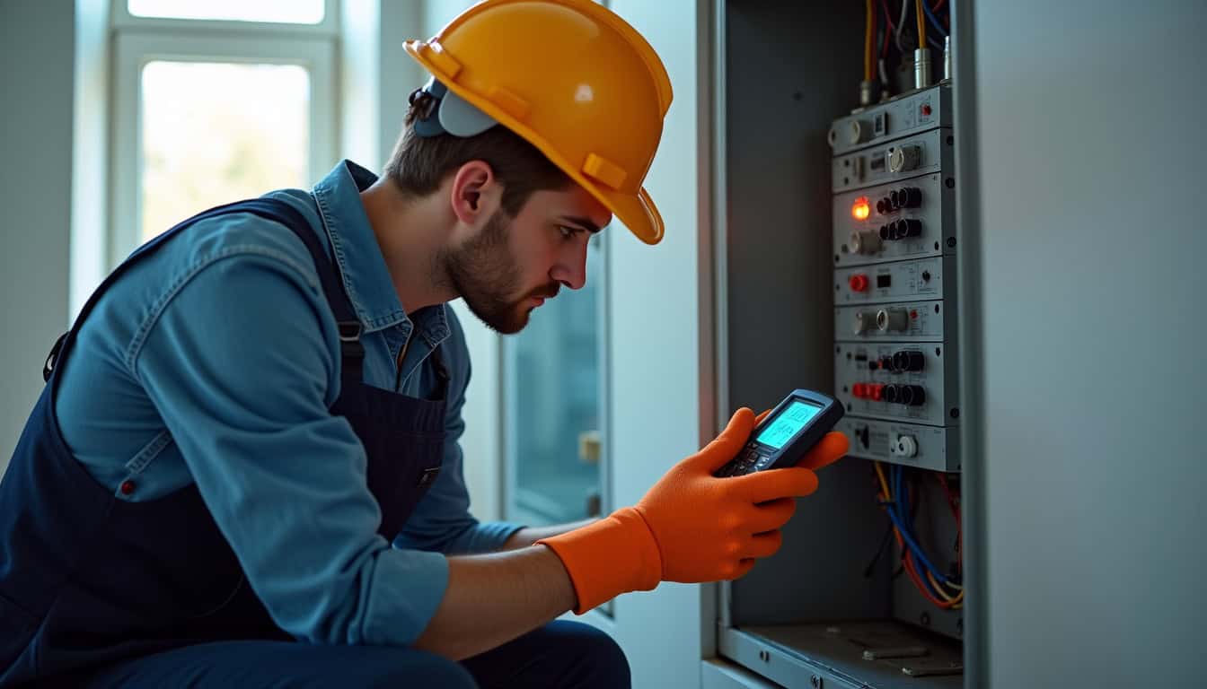 Électricien en train de réaliser un diagnostic électrique pour l