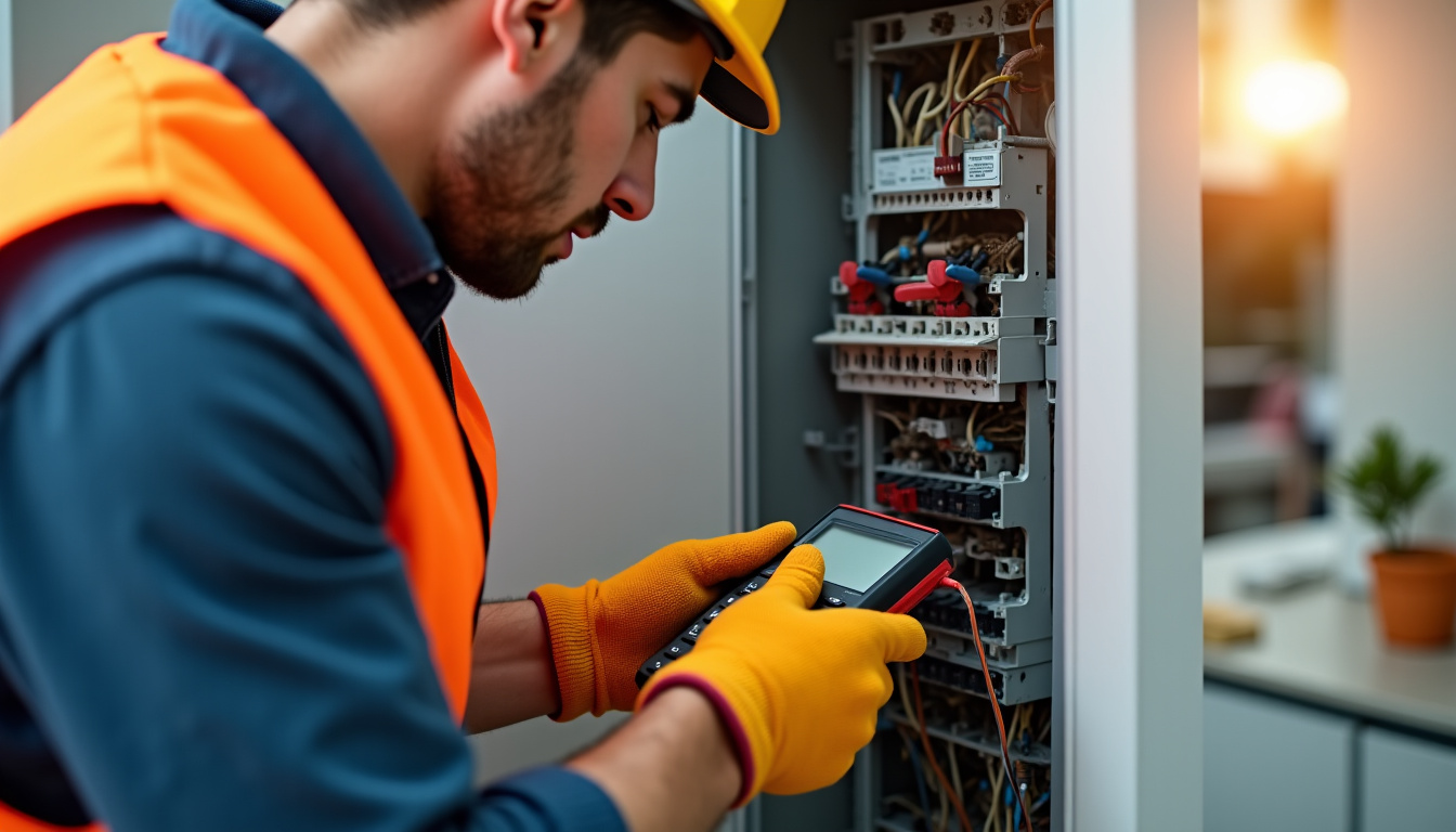 Électricien en train de réaliser un diagnostic électrique sur un tableau domestique pour préparer l