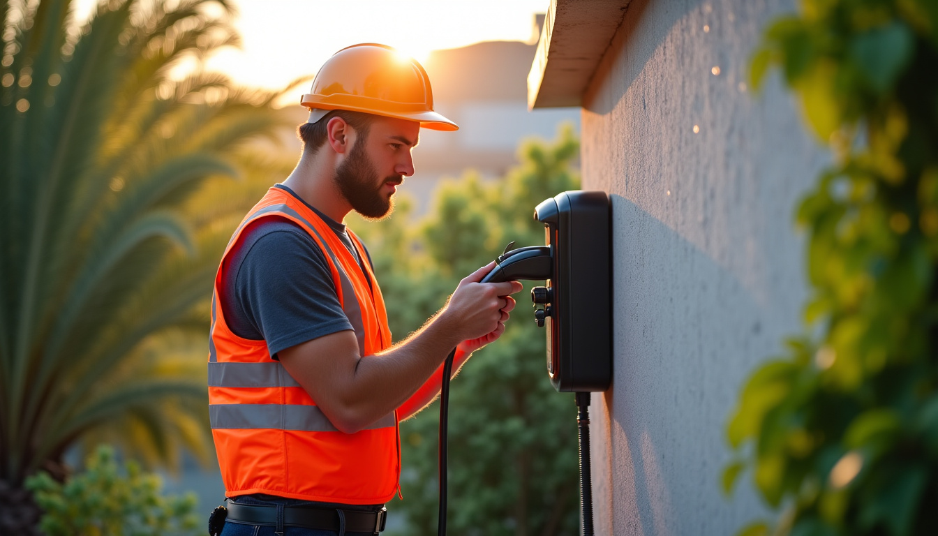 Électricien en train d’installer une borne de recharge à L’Ajoupa-Bouillon